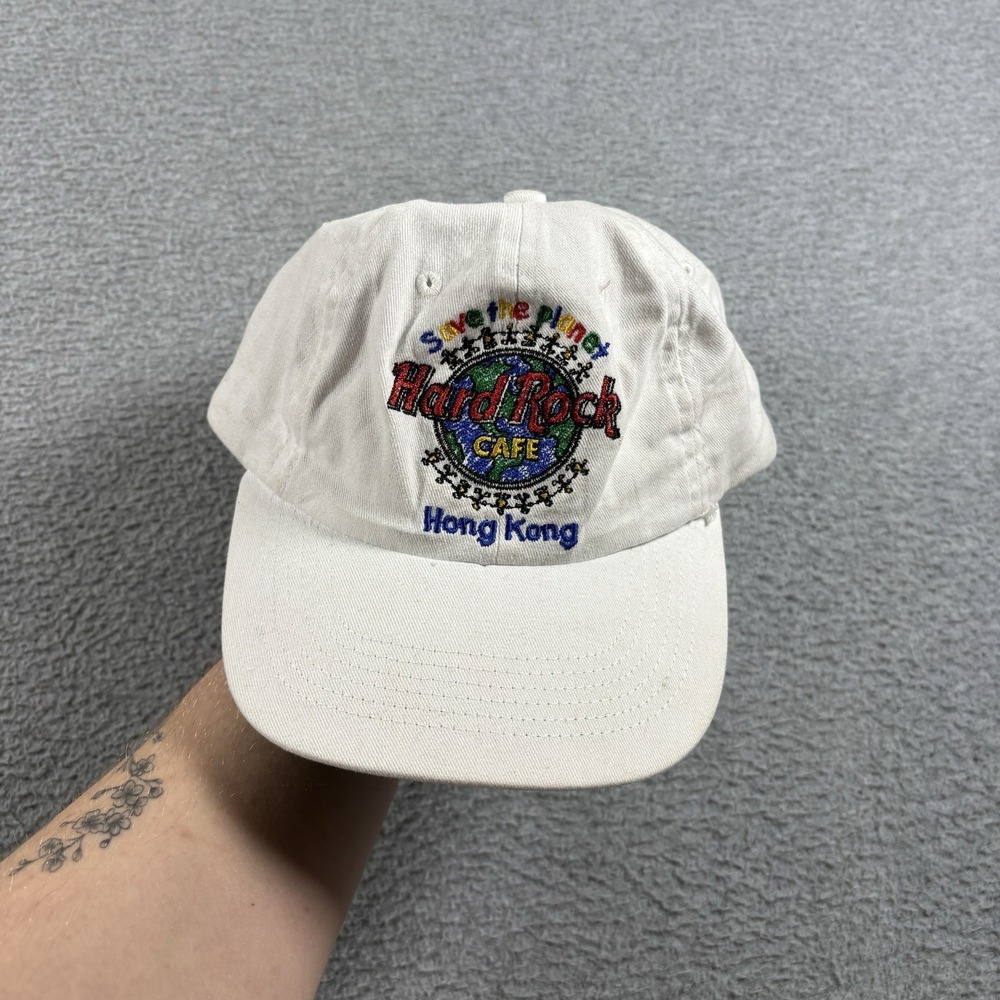 Vtg 90s Hard Rock Cafe Save The Planet Hong Kong Snapback Hat Off White Green